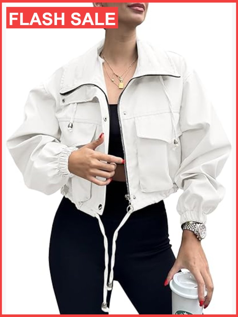 Cropped Zip Up Anorak Jacket Lightweight Oversized Utility Pockets